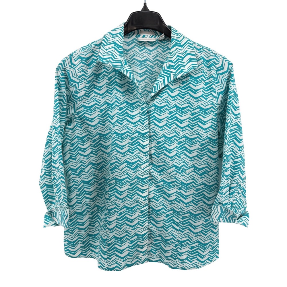 Chico's Button-Up Womens 2 / Large Blouse Teal White Chevron No-Iron 3/4 Sleeves